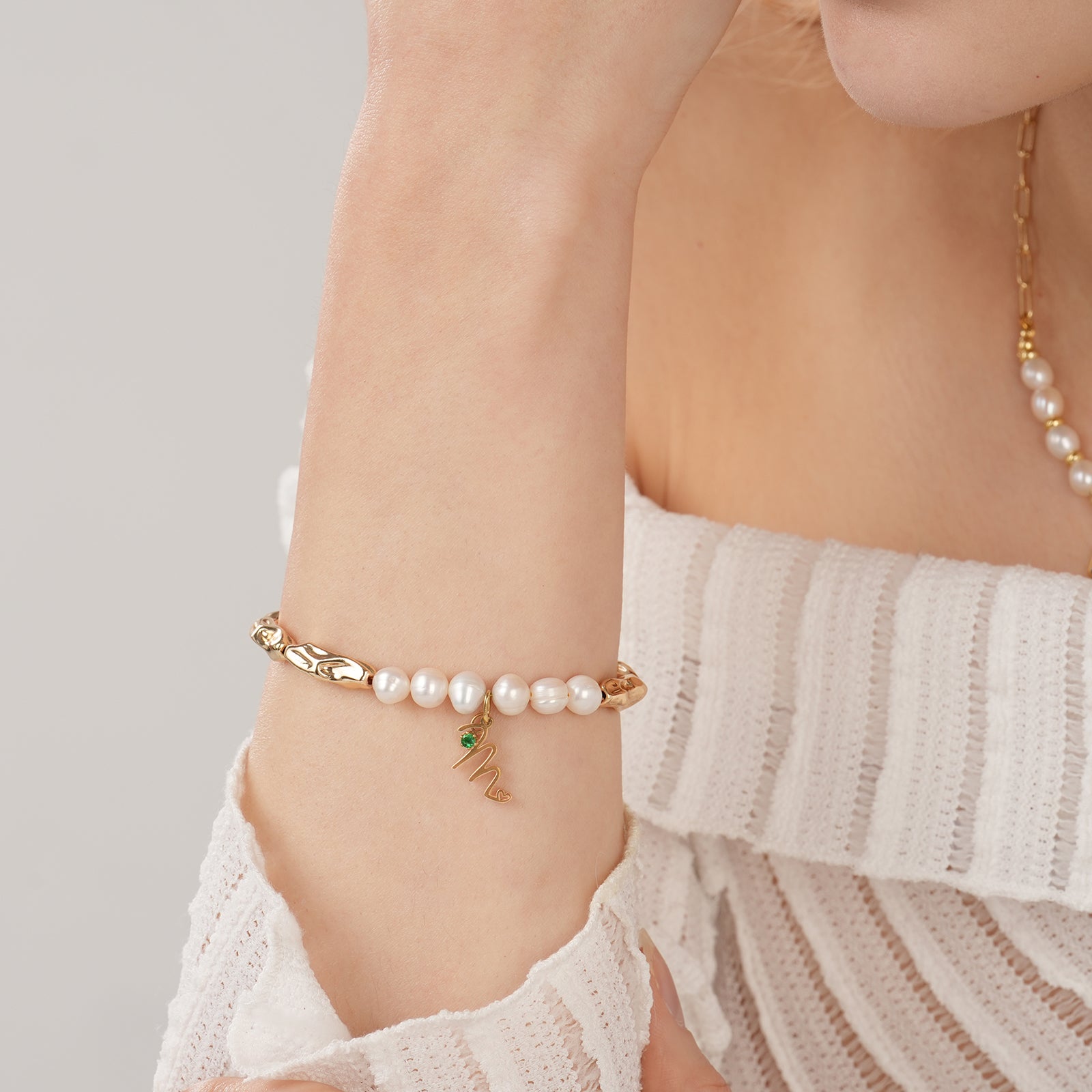 Personalised Initial and Birthstone Charm Natural Freshwater Pearl Bracelet