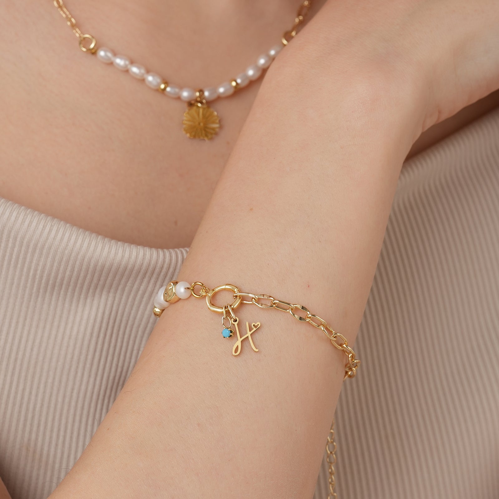 Freshwater Pearl Paperclip Personalized Birthstone and Initial Bracelet