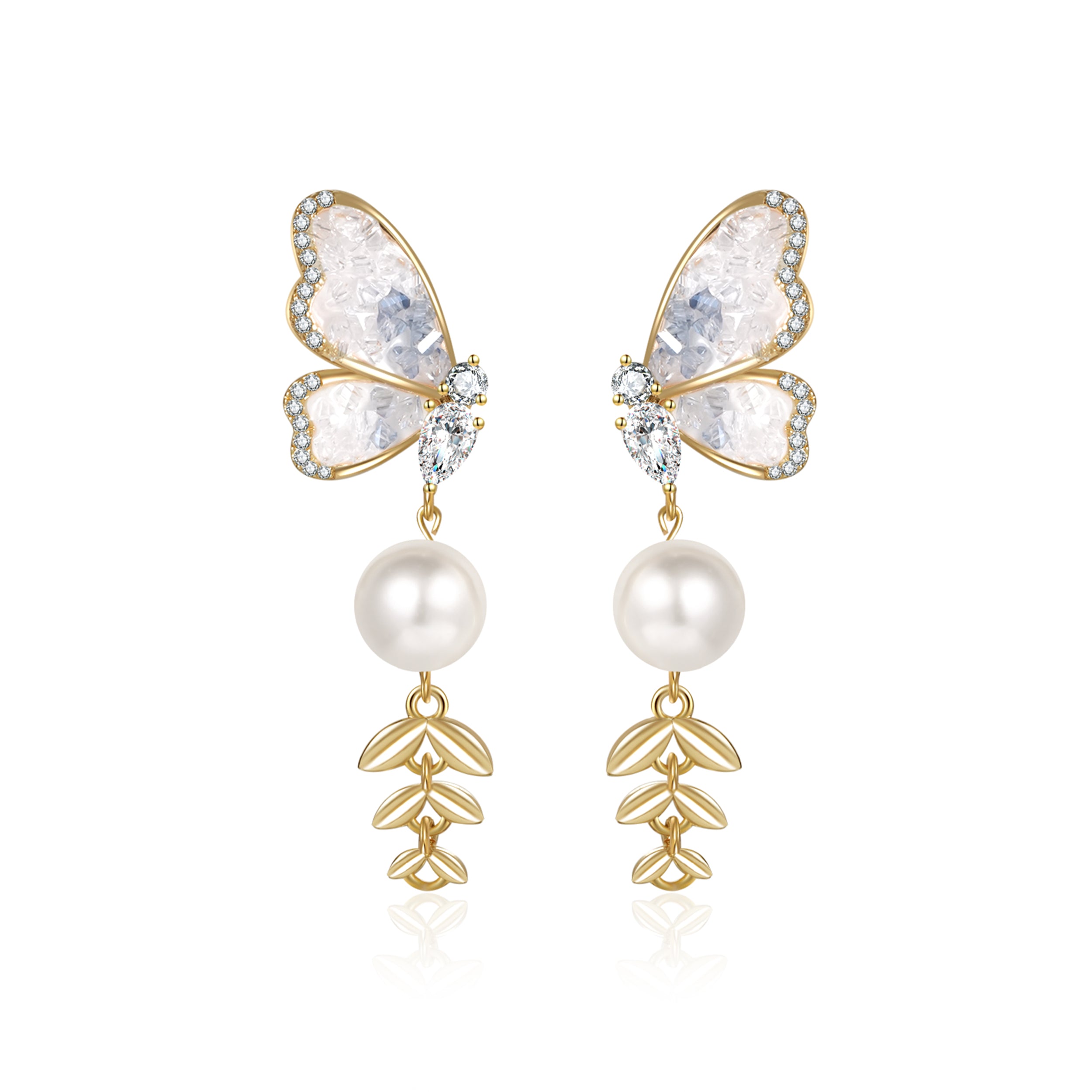Natural Freshwater Pearl Crystal Butterfly Wheat Dangle Earrings