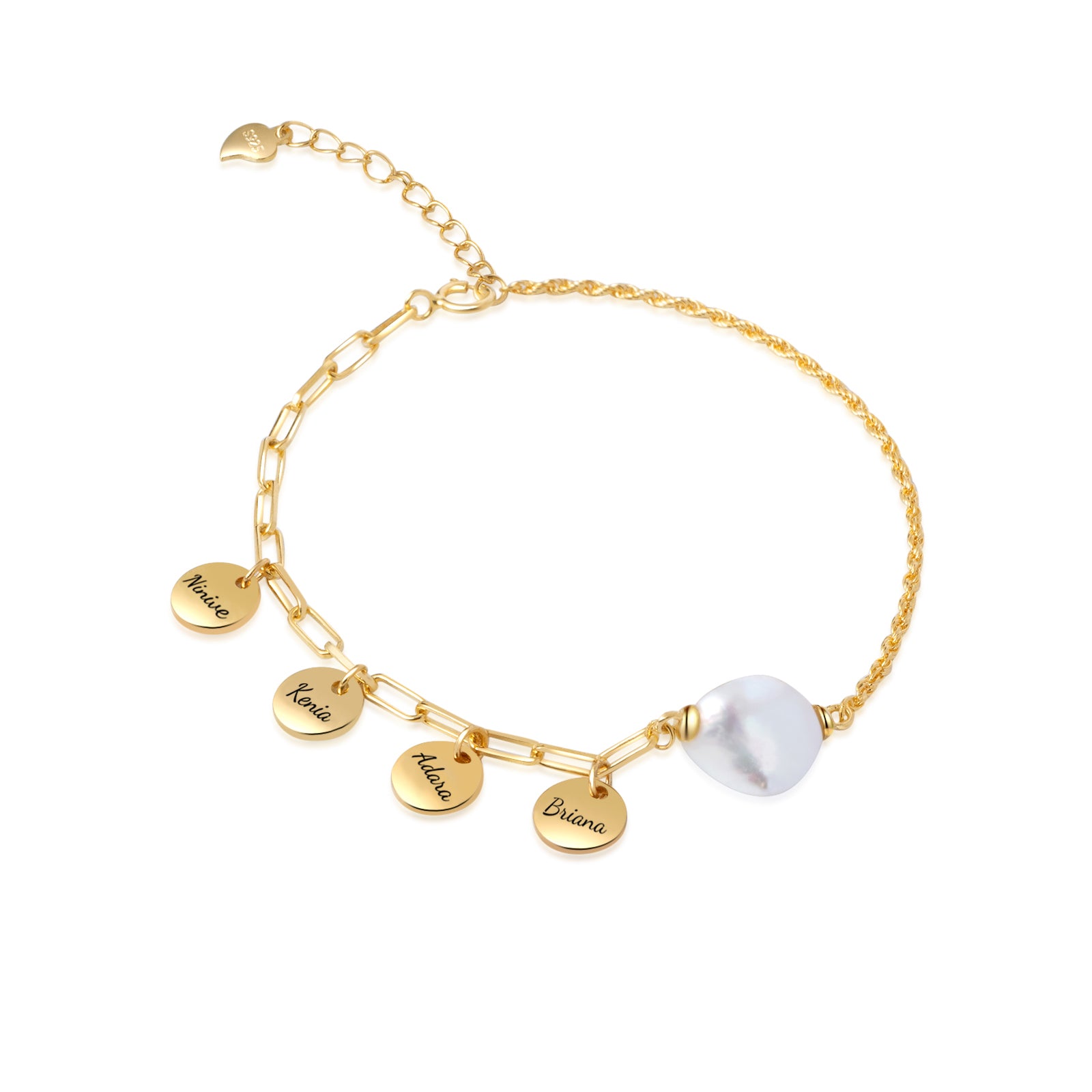 Personalized Names Charm Bracelet - Natural Baroque Pearl Paperclip Bracelet