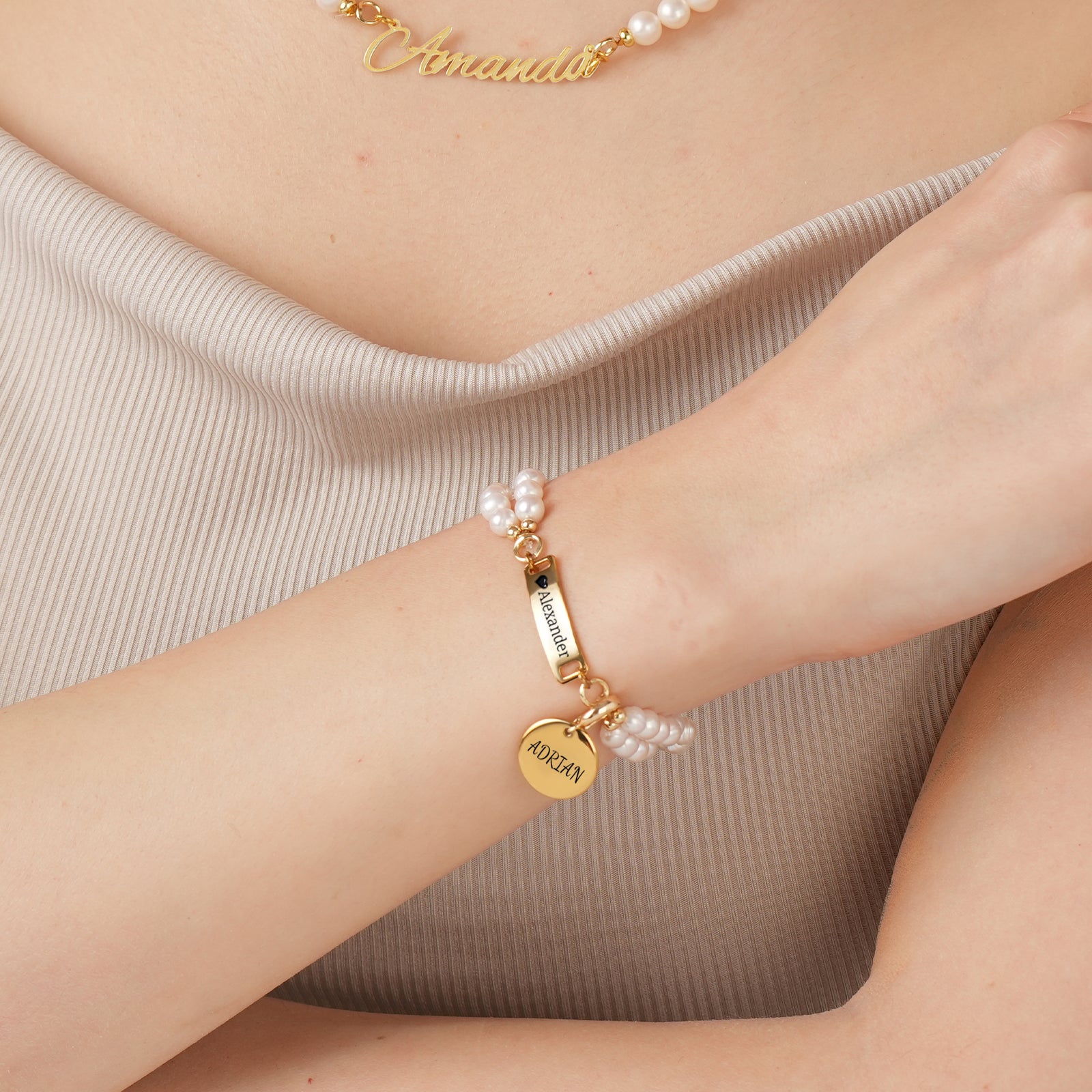 AAA White Freshwater Pearl Personalised Name Bar Strand Charm Pearl Bracelet