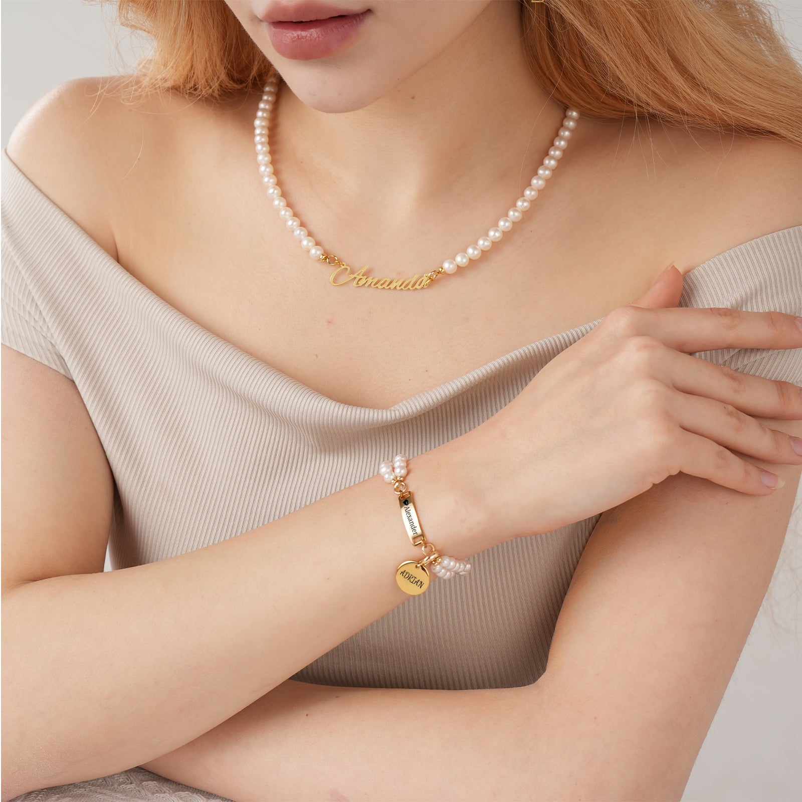 AAA White Freshwater Pearl Personalised Name Bar Strand Charm Pearl Bracelet