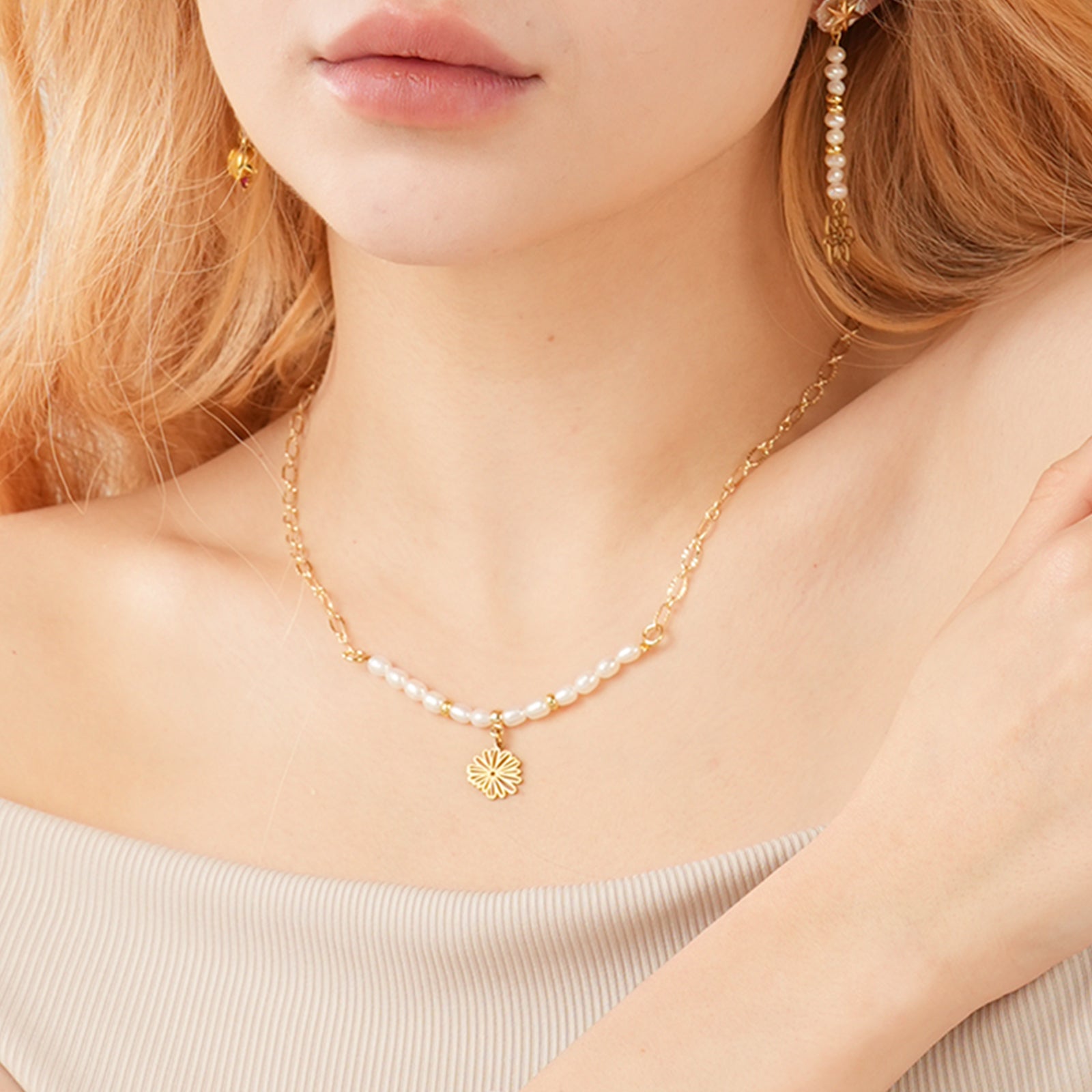 Personalized Birth Flower Natural Freshwater Rice Pearl Necklace