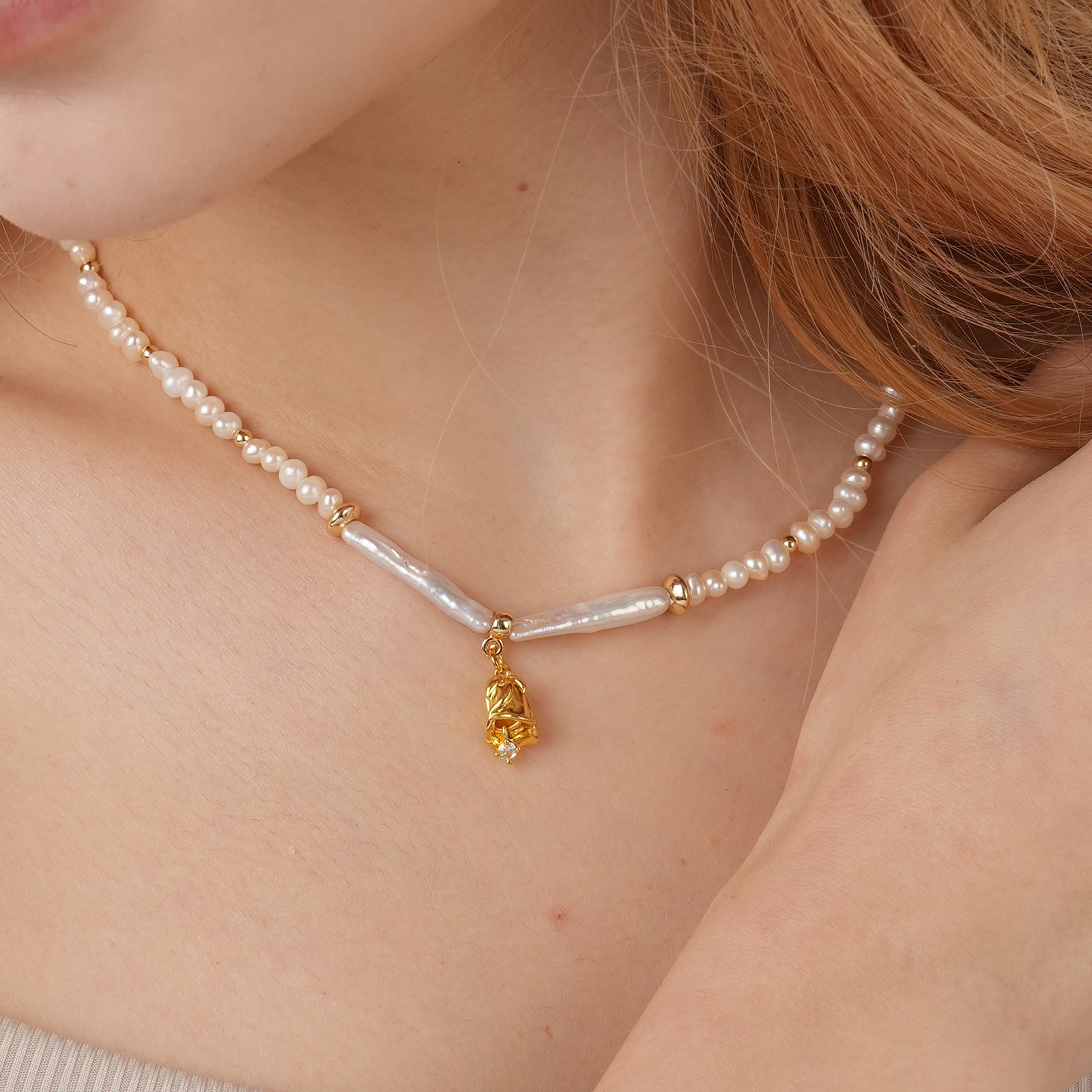 Natural Freshwater Biwa Pearls and 7.5-8mm Pearls Personalized Birthday Flower Necklace