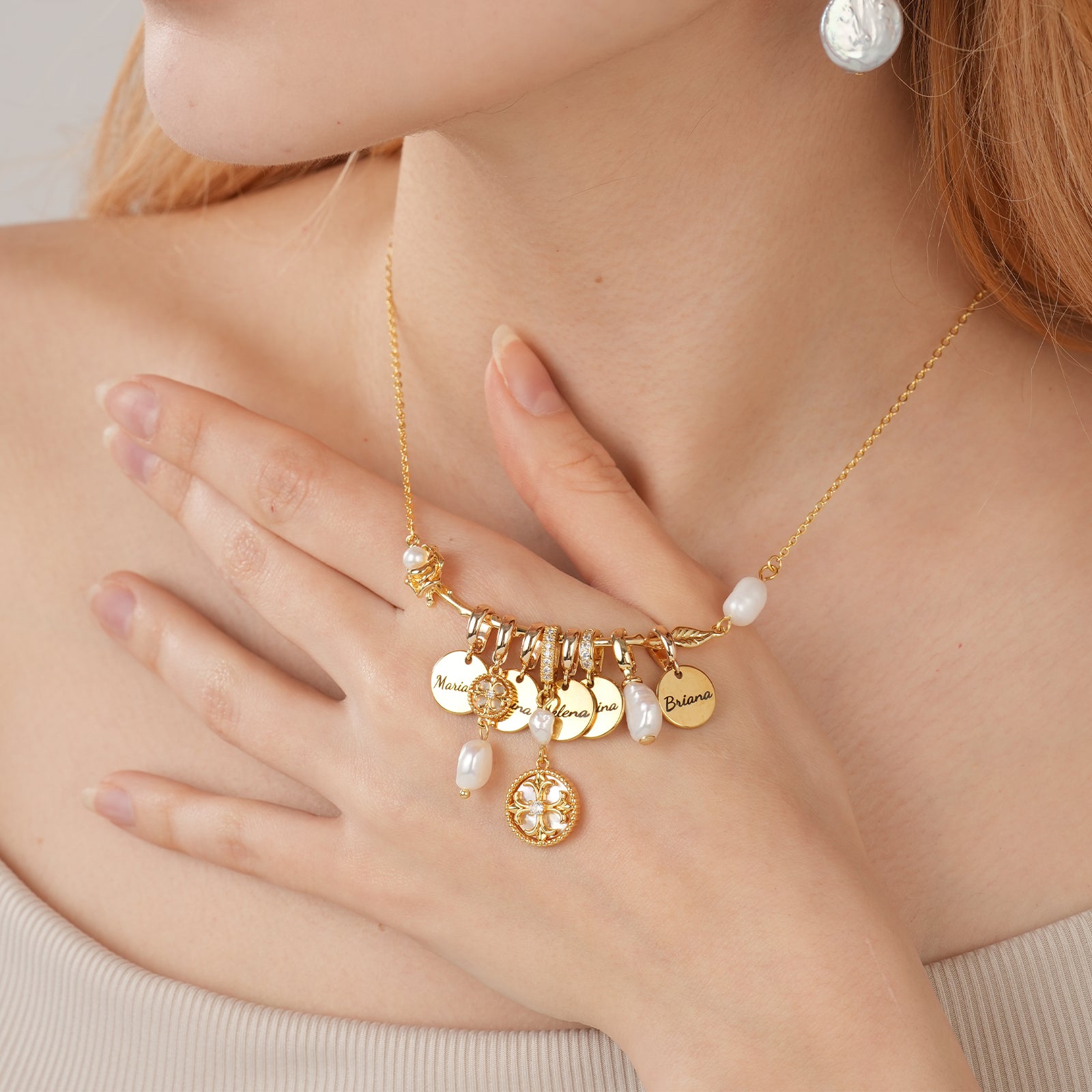 Personalized Family Name Disc Pendant - Natural Freshwater Pearl Flower Branch Necklace
