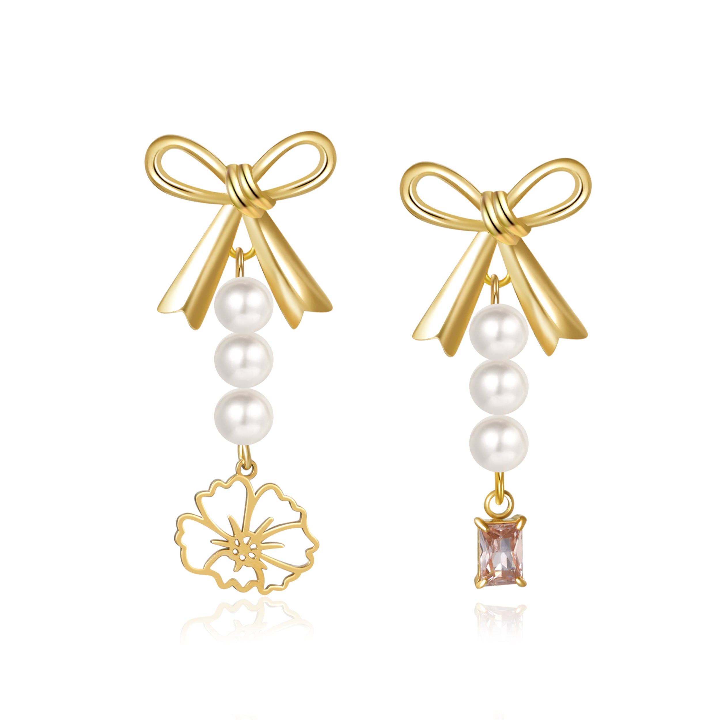 Personalized Birthstone & Birth Flower Earrings - Natural Freshwater Pearl Bow Drop Earrings