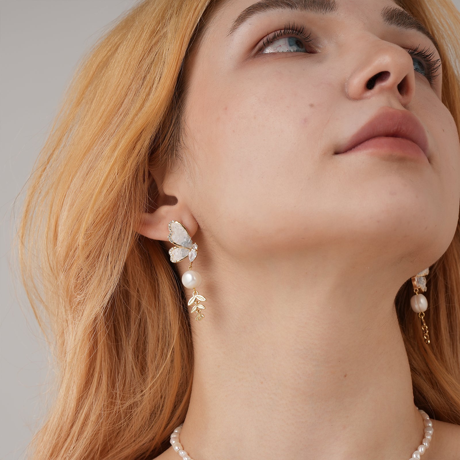Natural Freshwater Pearl Crystal Butterfly Wheat Dangle Earrings