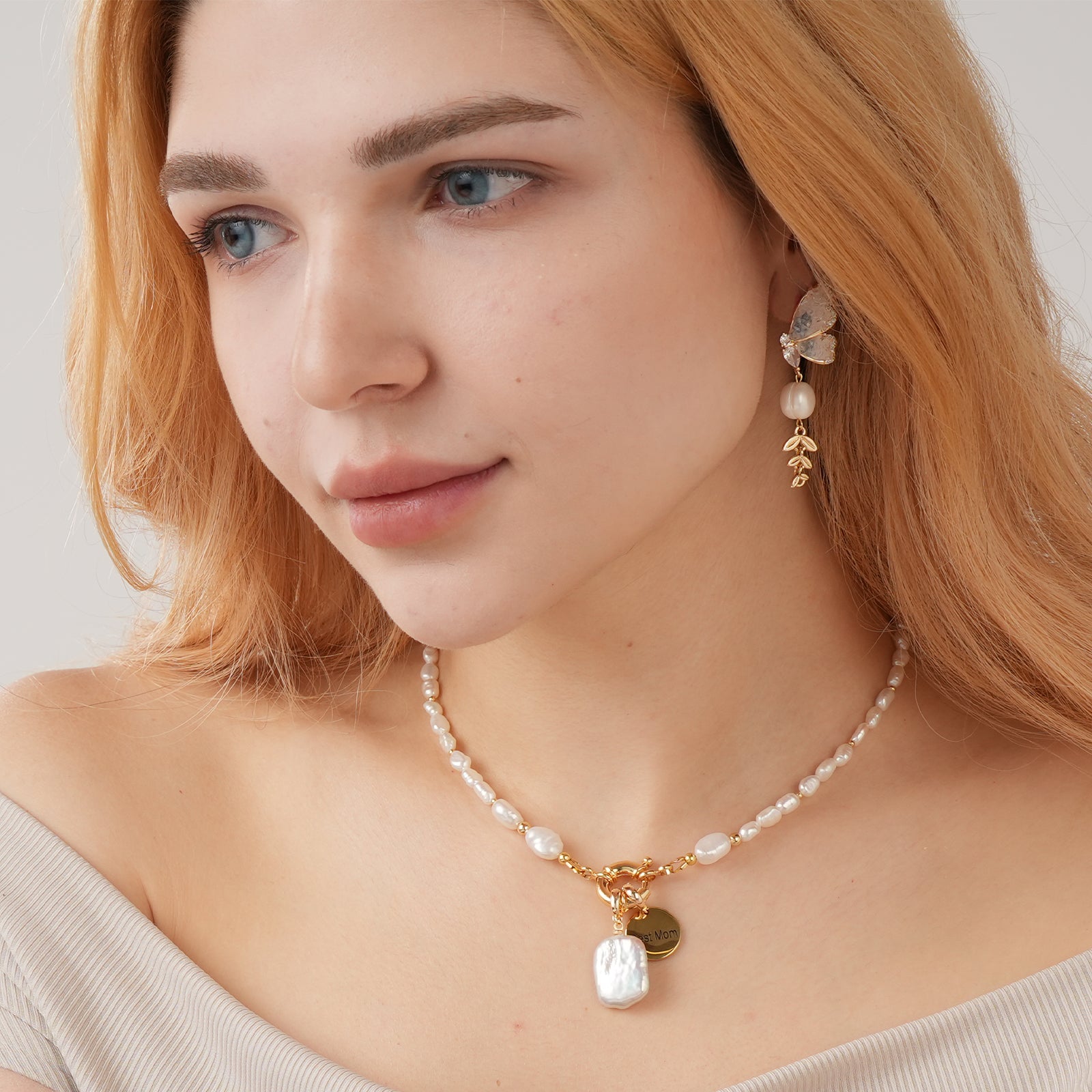 Natural Freshwater Pearl Crystal Butterfly Wheat Dangle Earrings