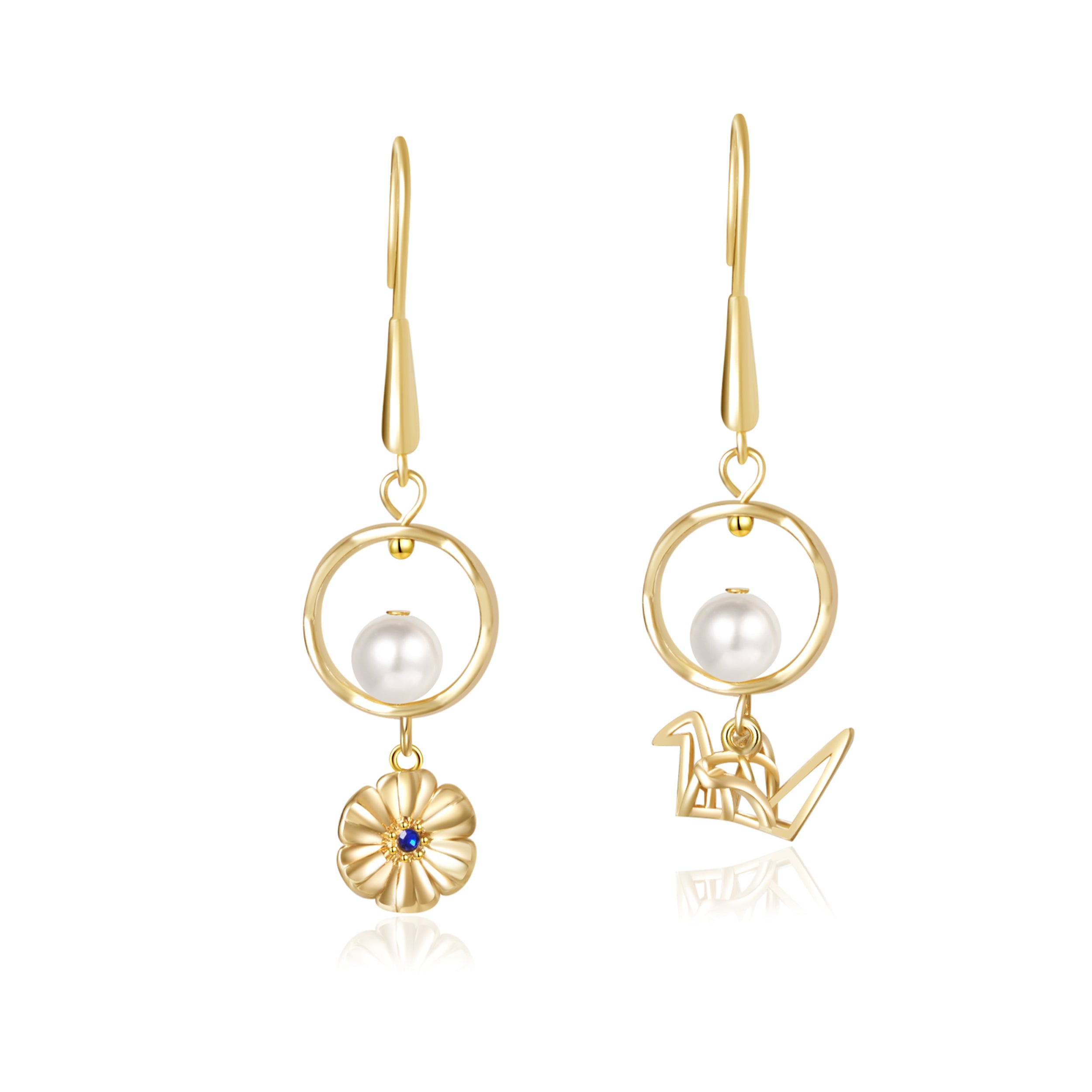 Personalized Birthday Flower Dangle Earrings - 5.5mm Pearl Peace Crane Earrings
