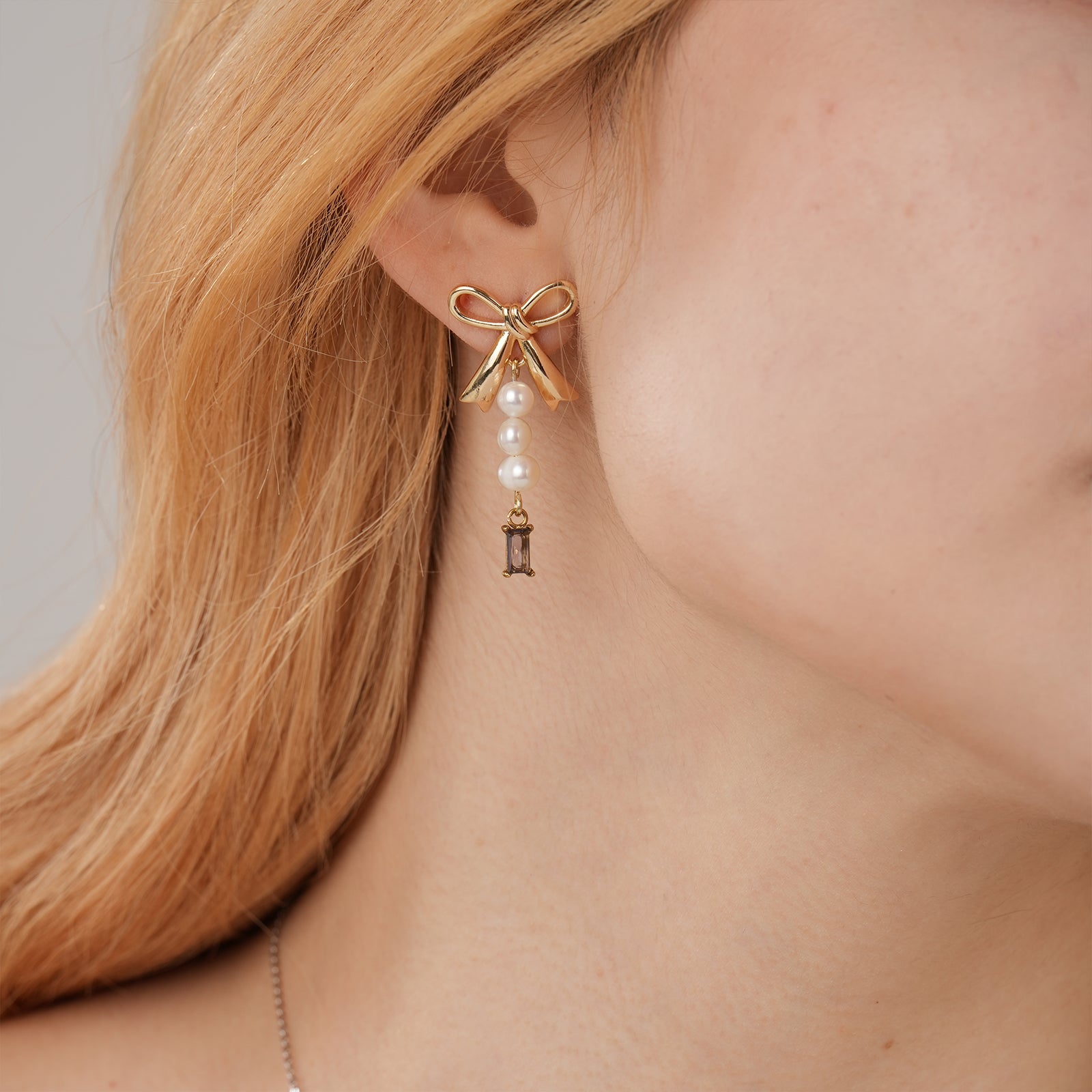 Personalized Birthstone & Birth Flower Earrings - Natural Freshwater Pearl Bow Drop Earrings