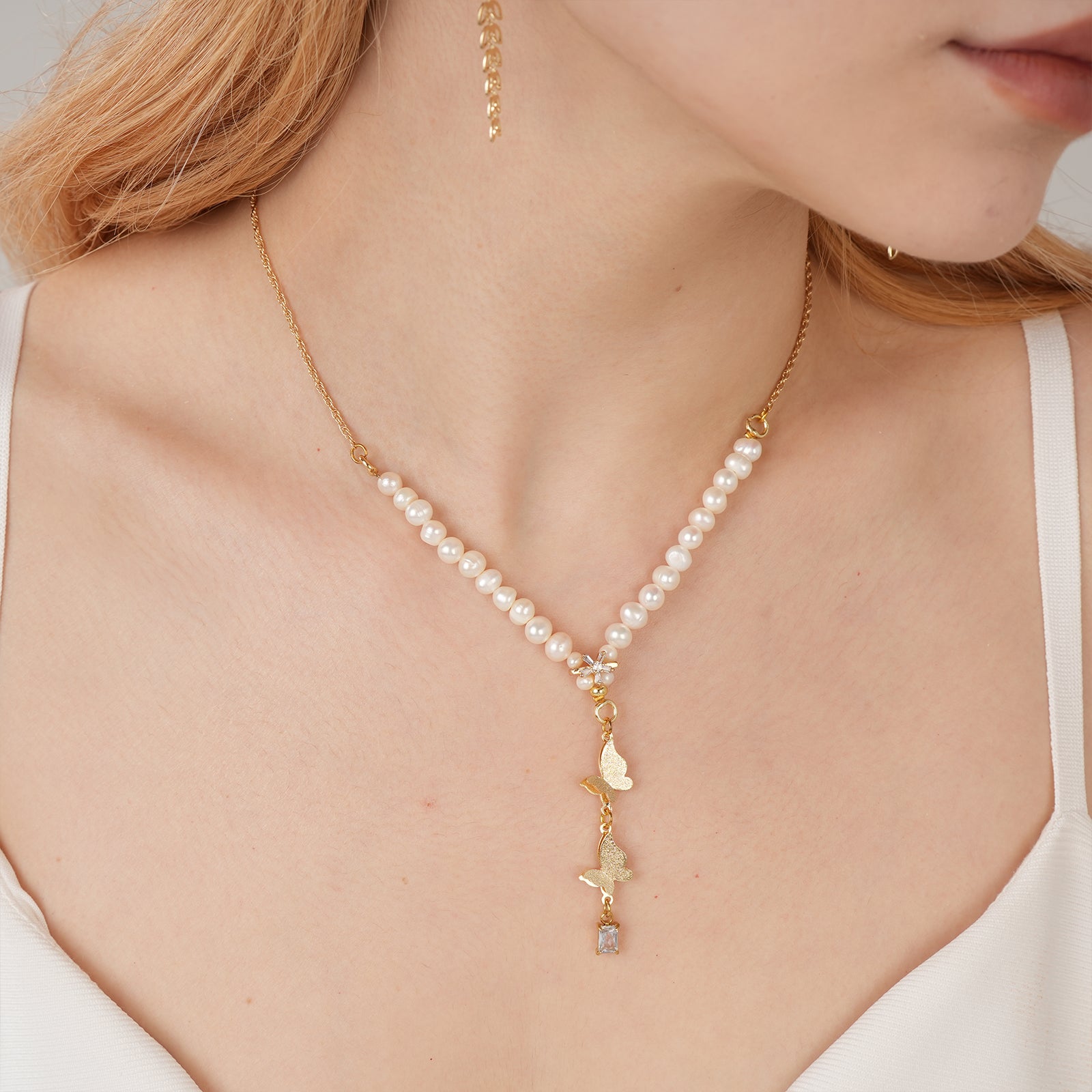 Personalized Birthstone Necklace - 7.5-8mm Natural Freshwater Pearl Butterfly Pendant Necklace