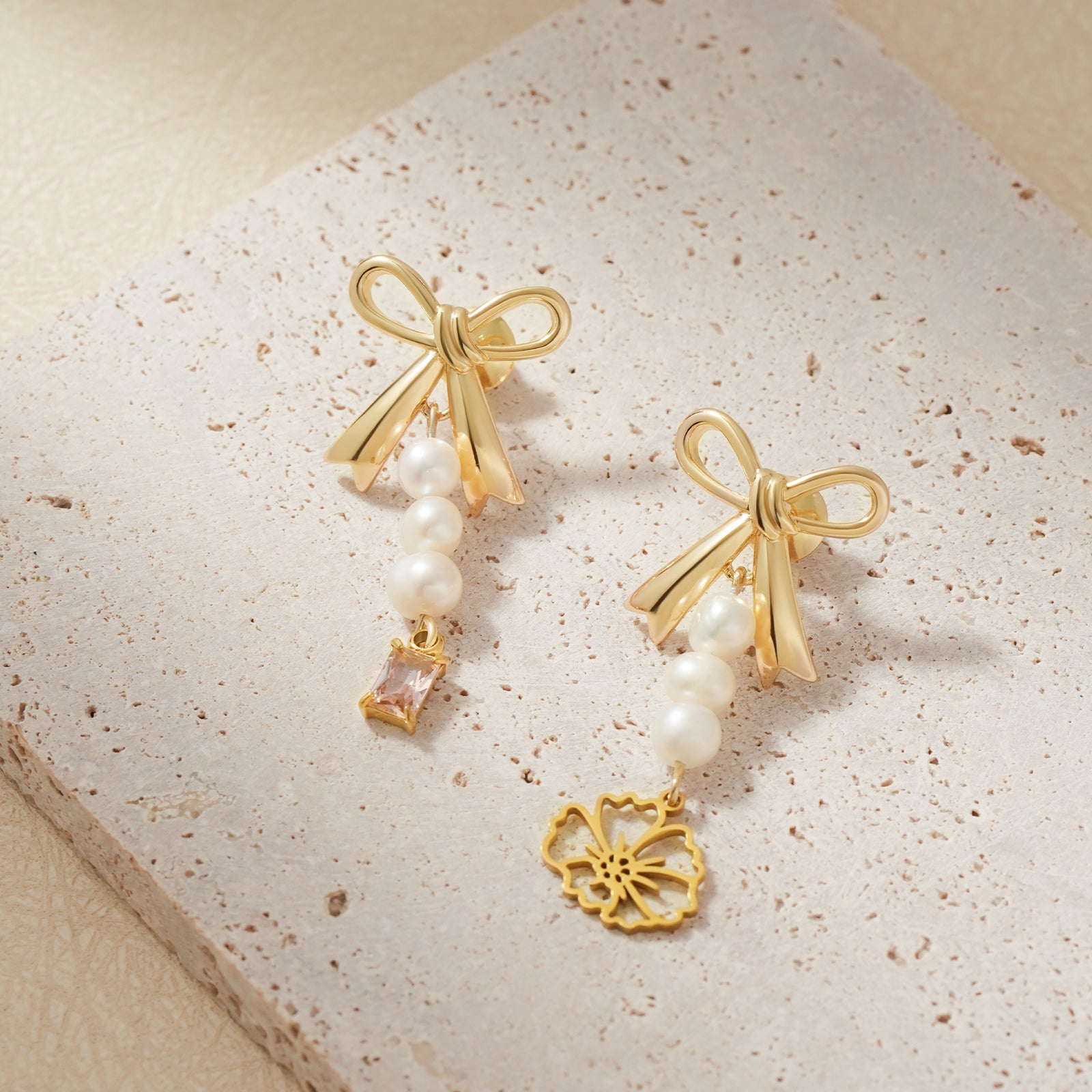 Personalized Birthstone & Birth Flower Earrings - Natural Freshwater Pearl Bow Drop Earrings