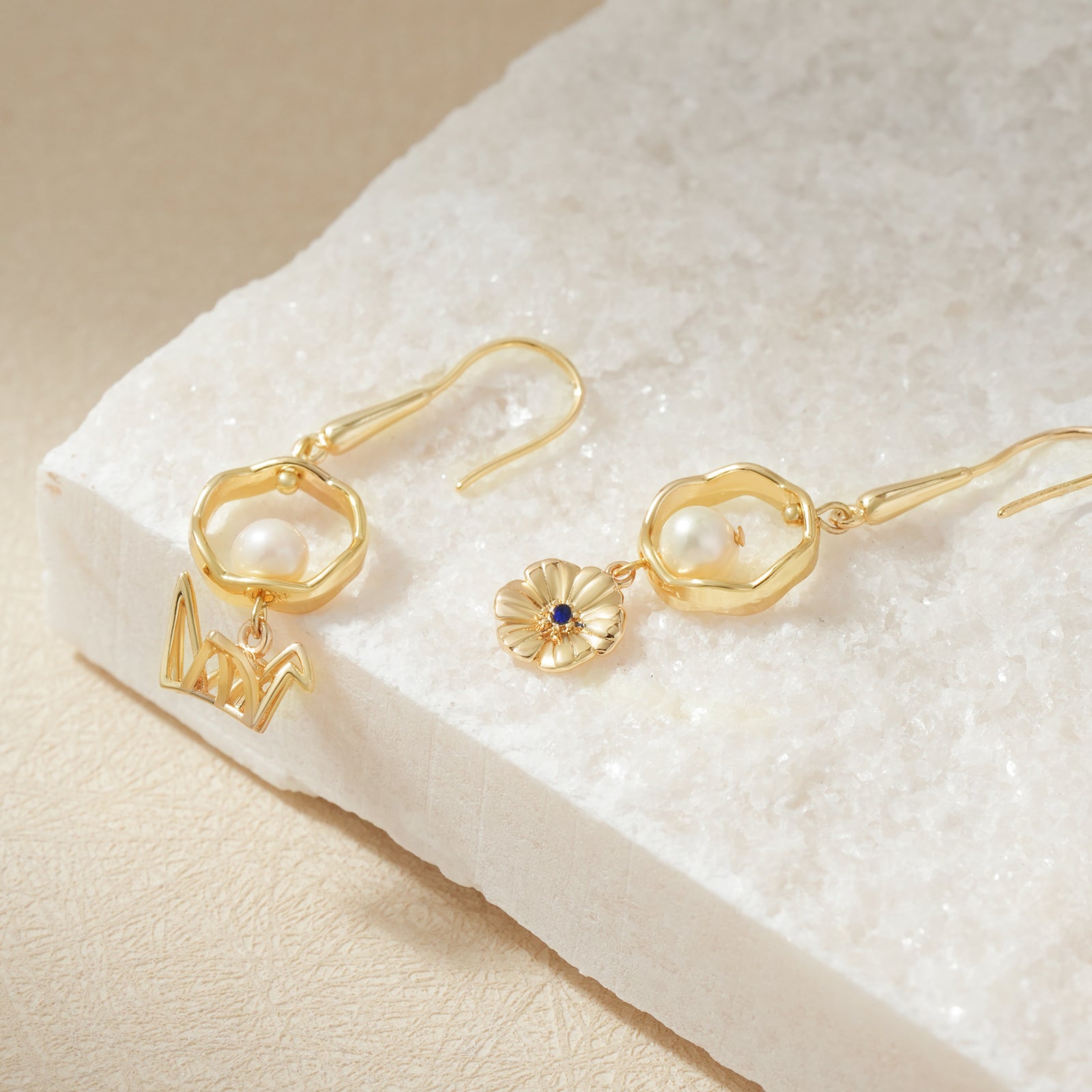 Personalized Birthday Flower Dangle Earrings - 5.5mm Pearl Peace Crane Earrings