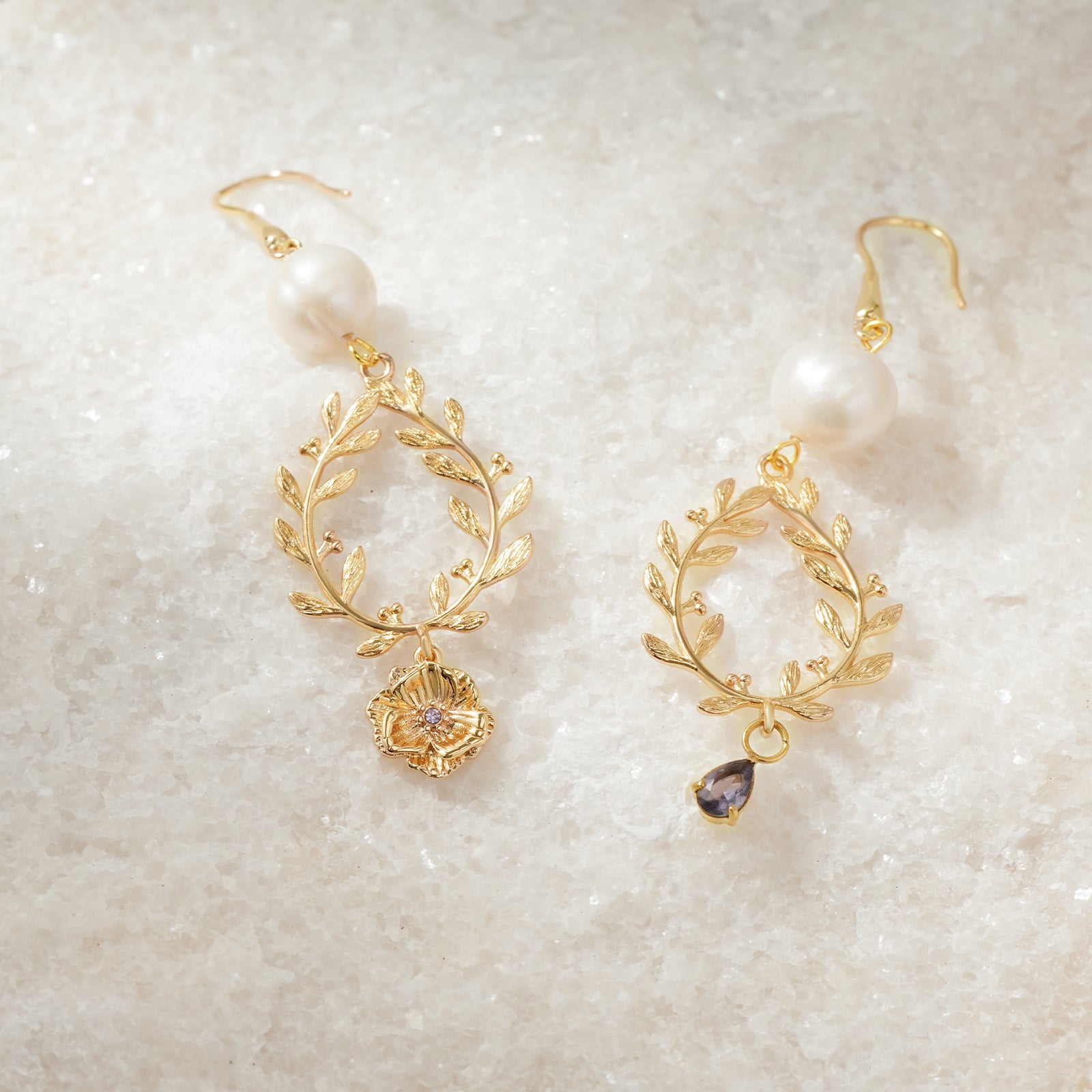 Natural Freshwater Pearls Personalized Birthstone and Birth Flower Wreath Earrings
