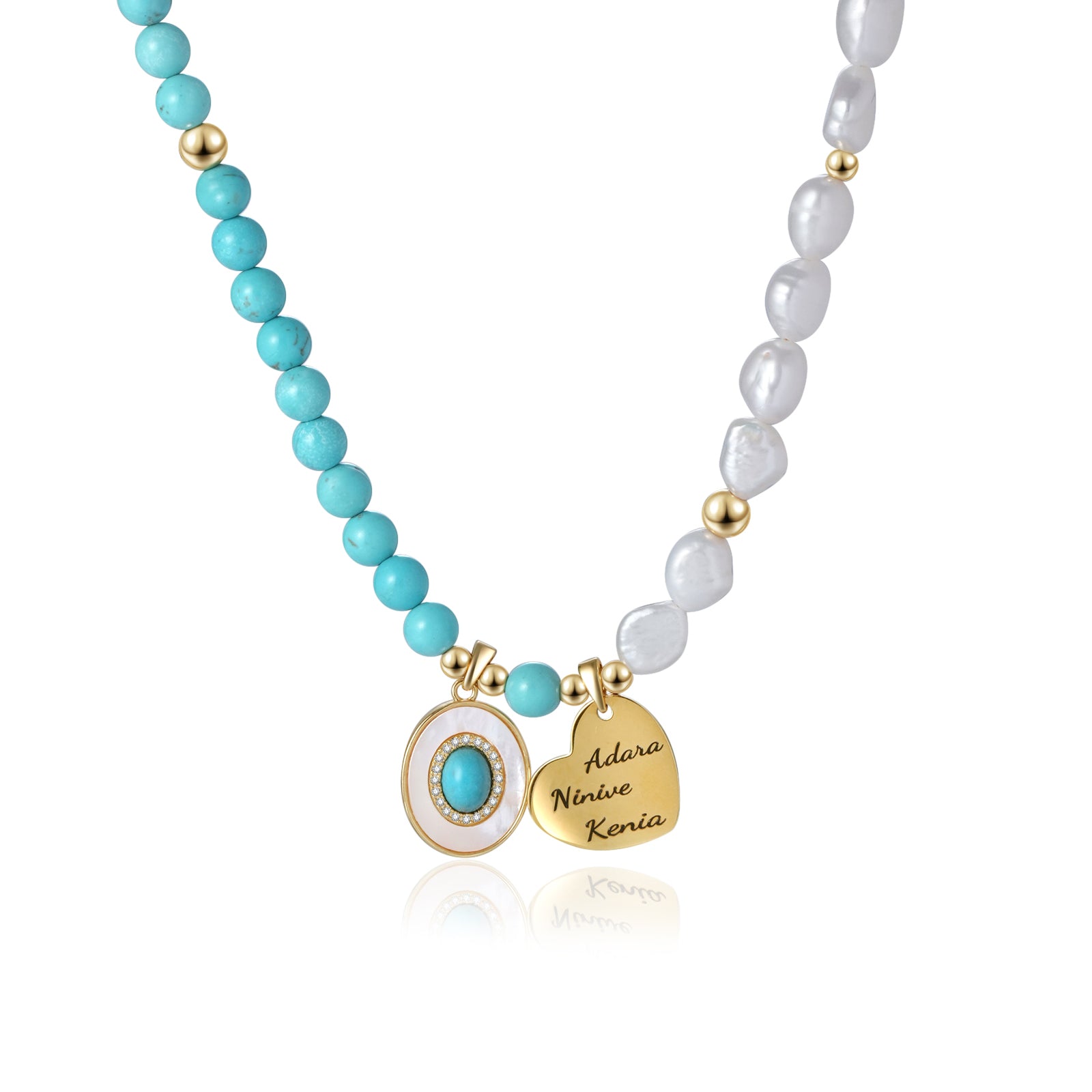 Personalized Name Heart Pendant - Natural Baroque Pearl and Turquoise Necklace