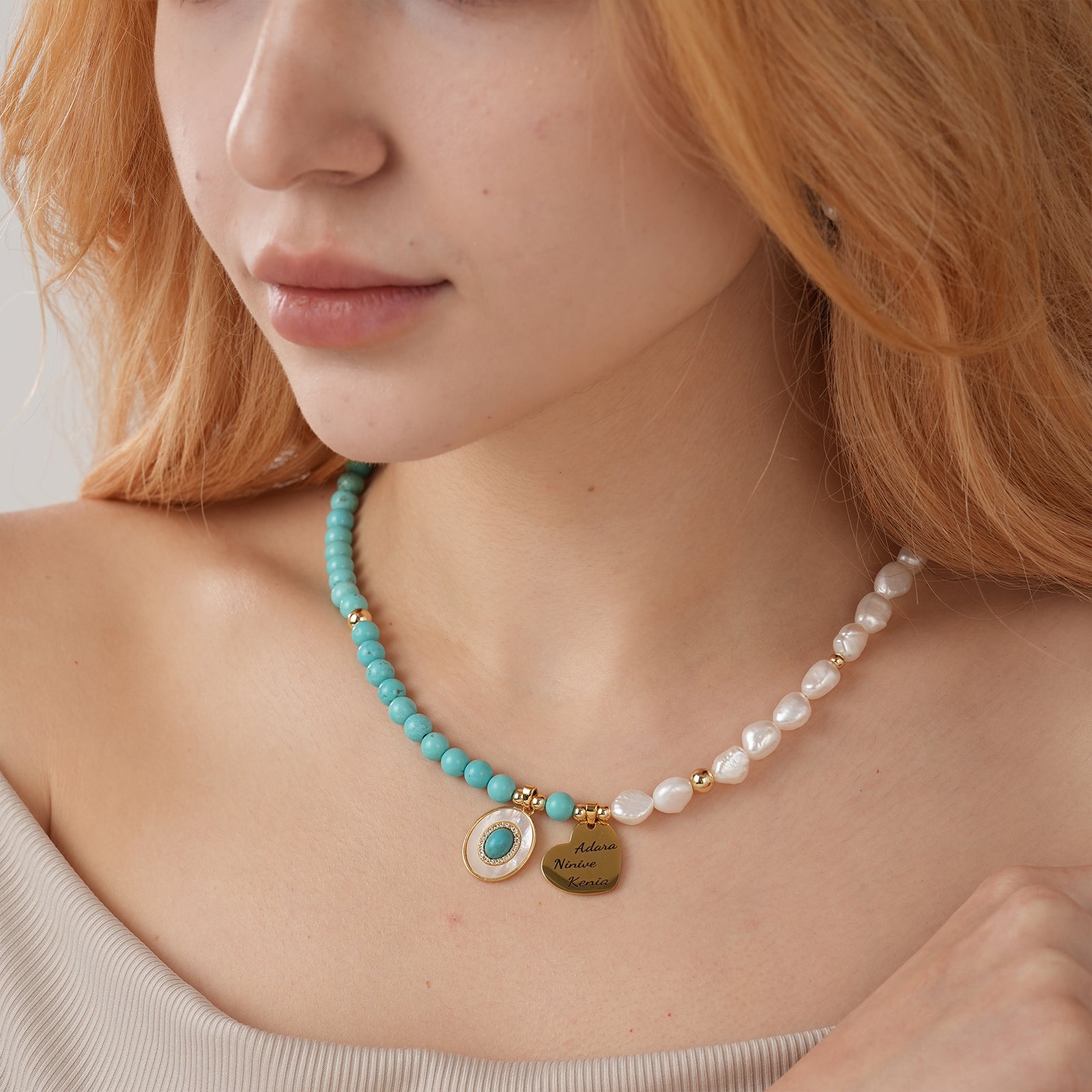Personalized Name Heart Pendant - Natural Baroque Pearl and Turquoise Necklace