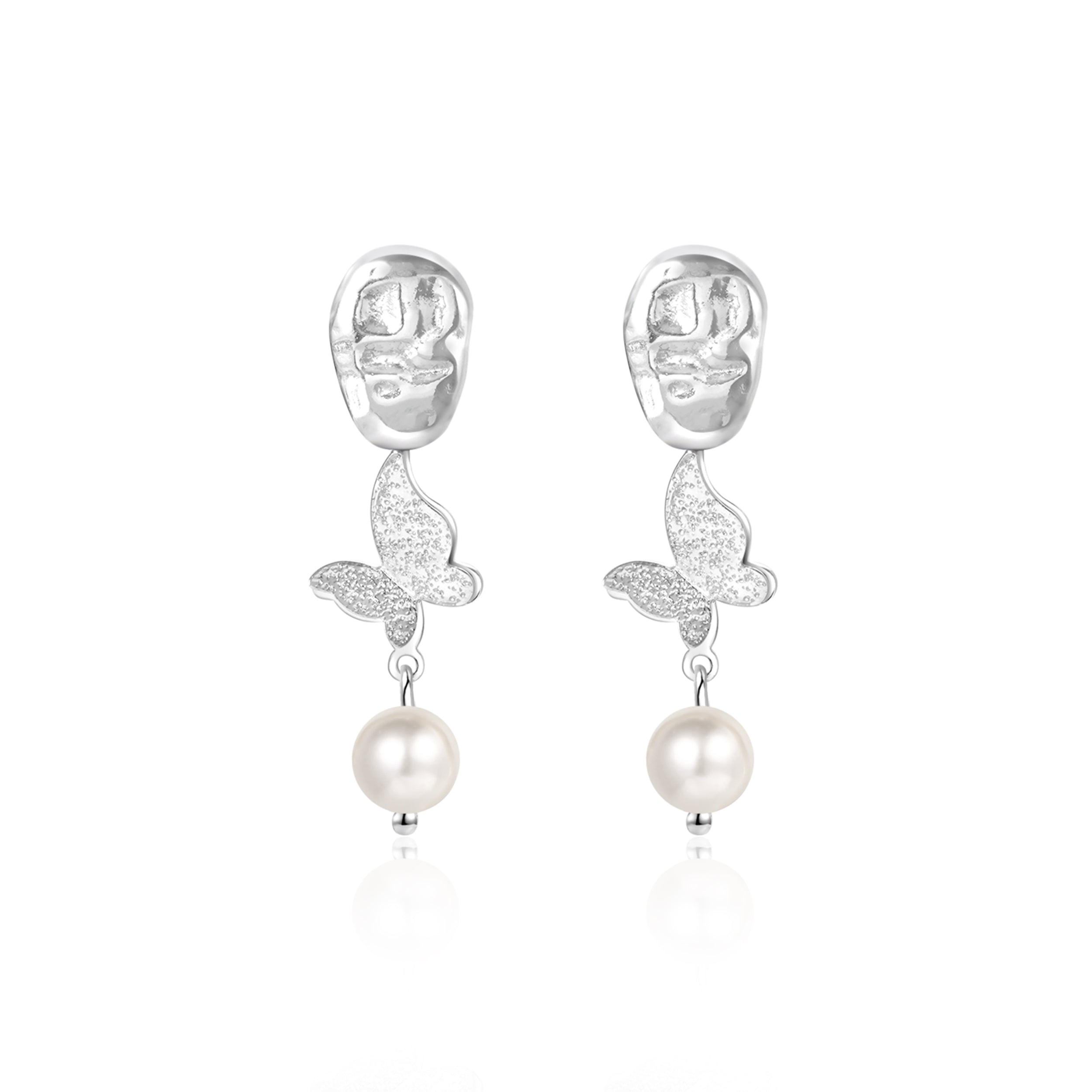7.5-8 mm Natural Freshwater Pearl Sterling Silver Butterfly Dangle Earrings
