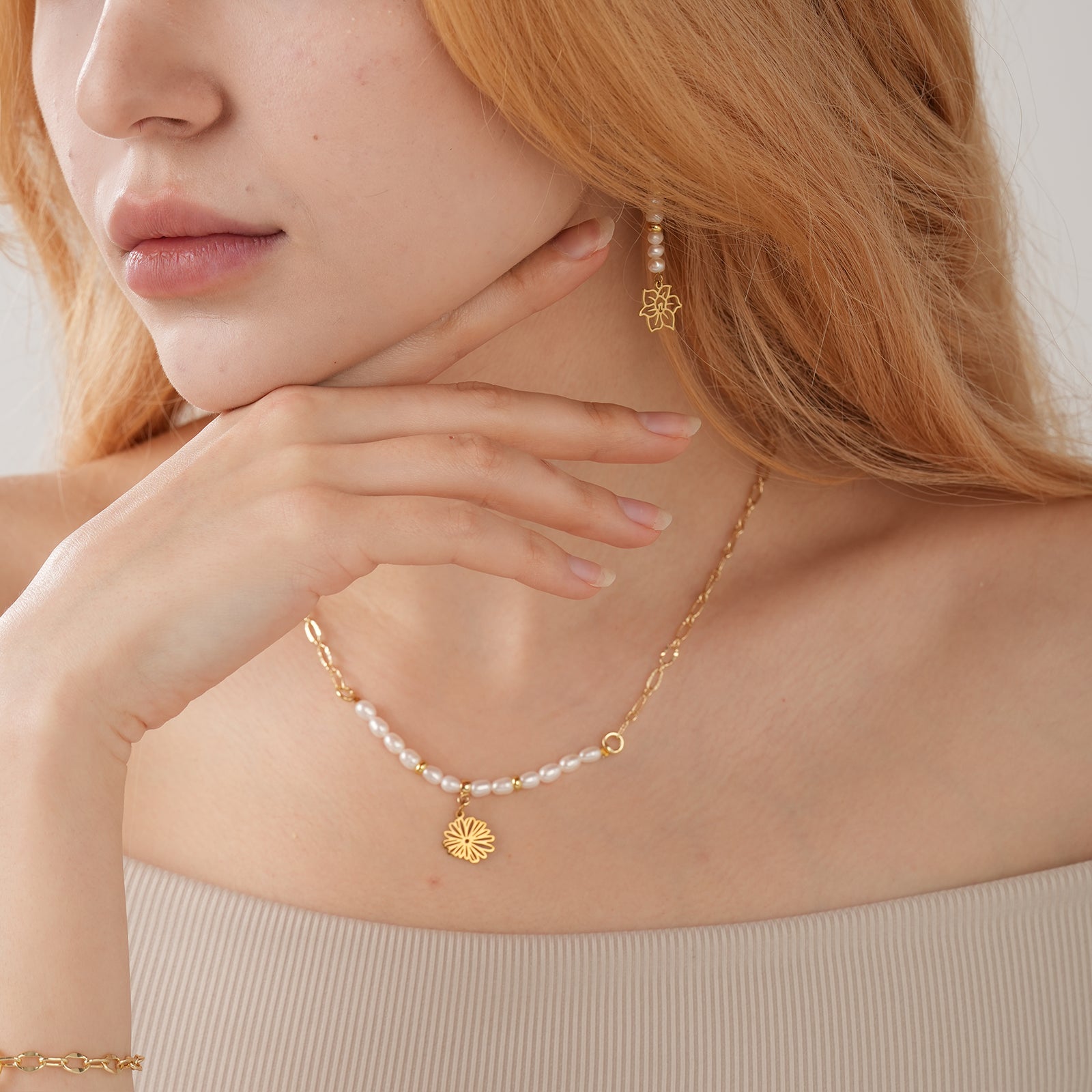 Personalized Birth Flower Natural Freshwater Rice Pearl Necklace