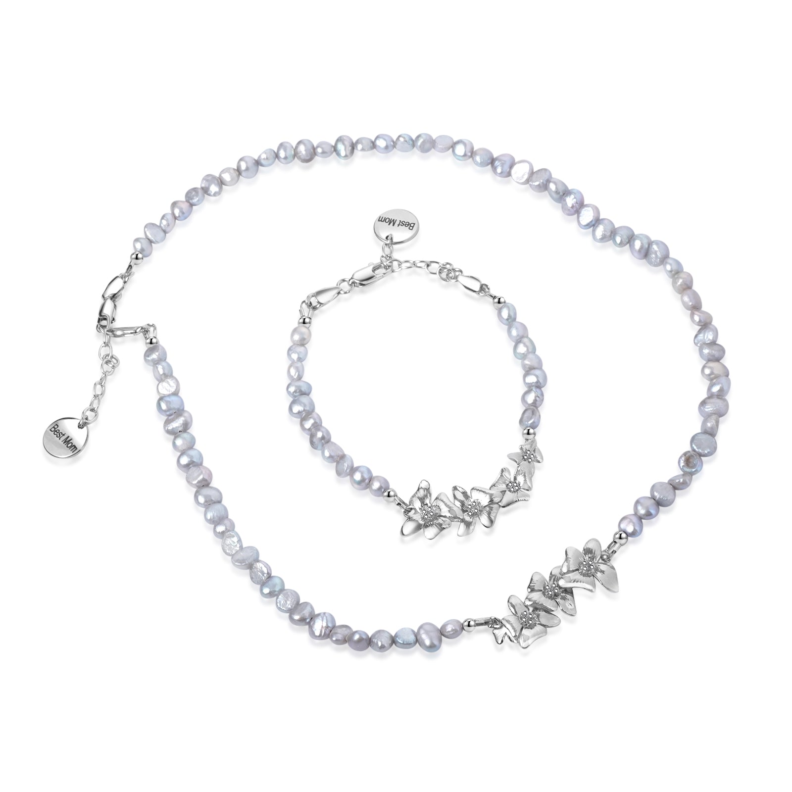 Personalized Name Disc Necklace and Bracelet - Akoya Pearls Jewelry Set