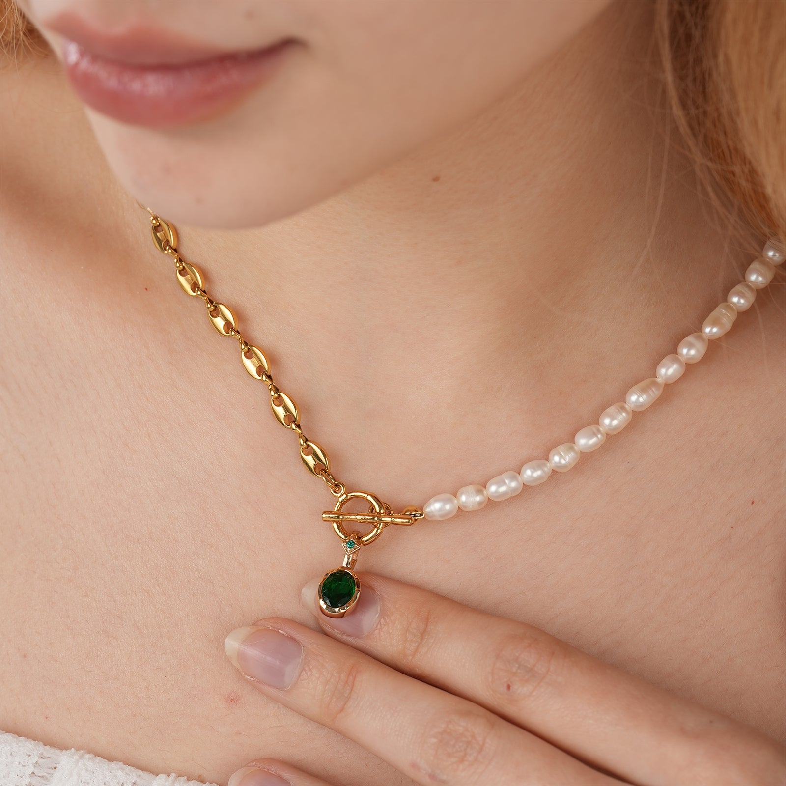 Personalized Birthstone Toggle Necklace - Natural Freshwater Pearl Pig Nose Chain Necklace