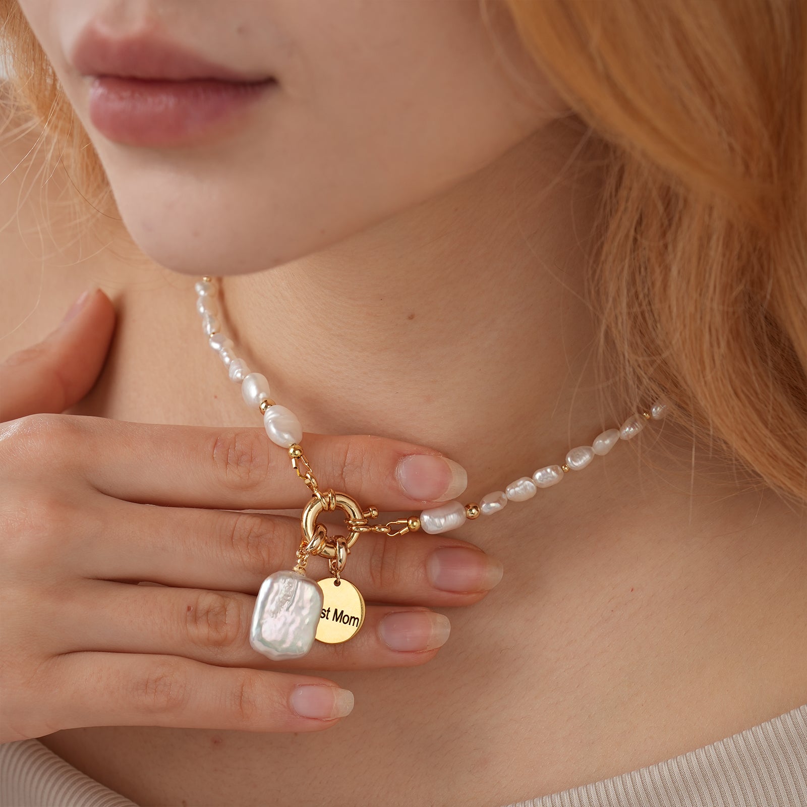Personalized Baroque Pearl Necklace with Custom Name Disc