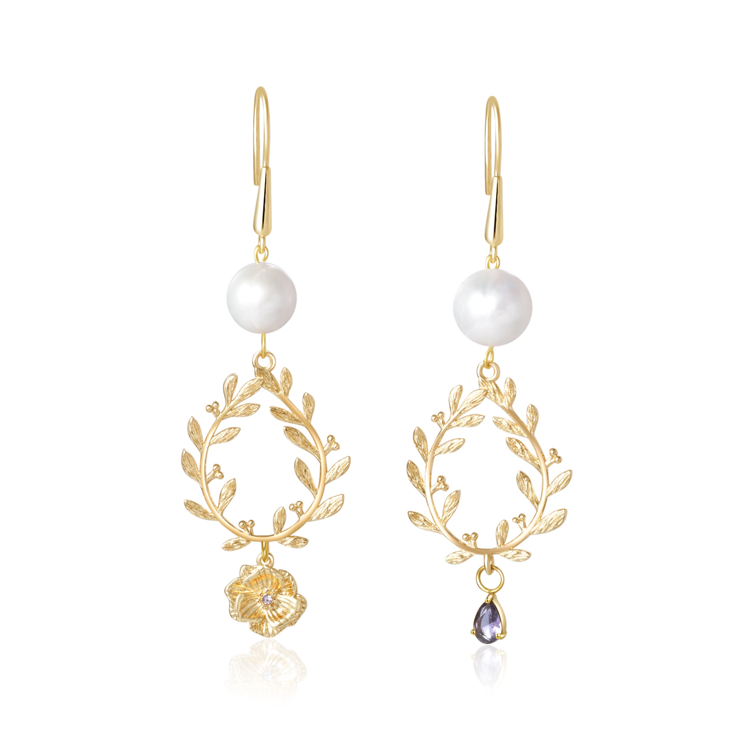Natural Freshwater Pearls Personalized Birthstone and Birth Flower Wreath Earrings