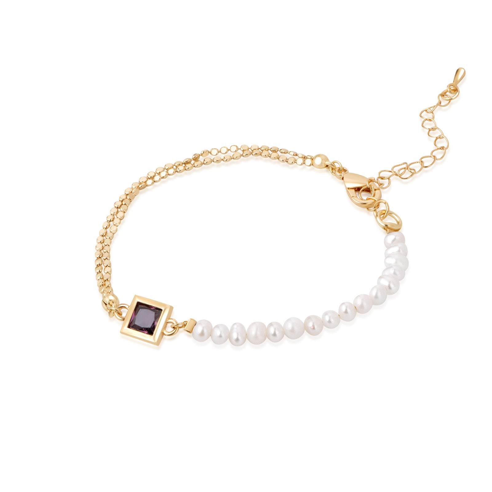 Freshwater Pearl 14K Gold Double Chain Personalized Birthstone Bracelet