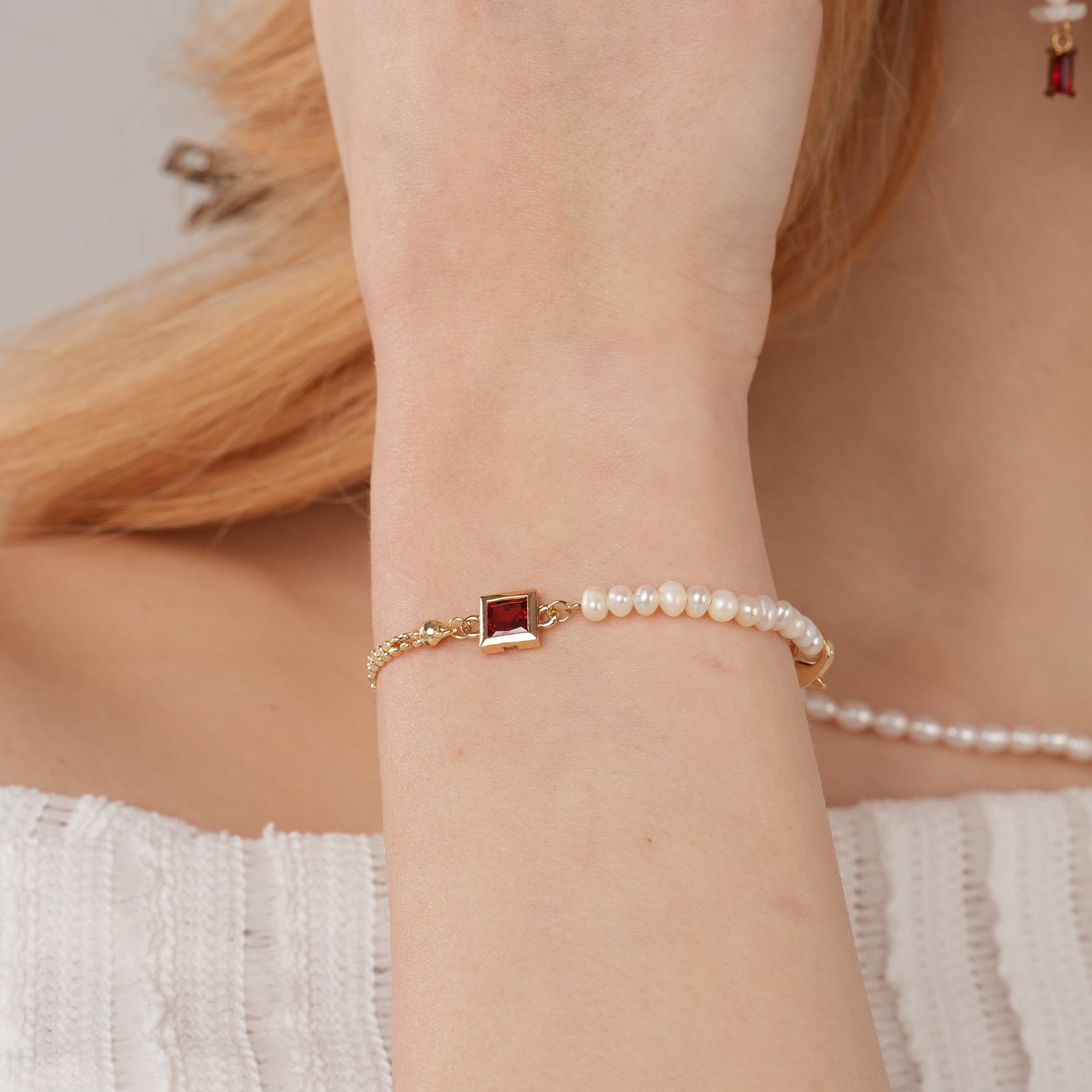 Freshwater Pearl 14K Gold Double Chain Personalized Birthstone Bracelet