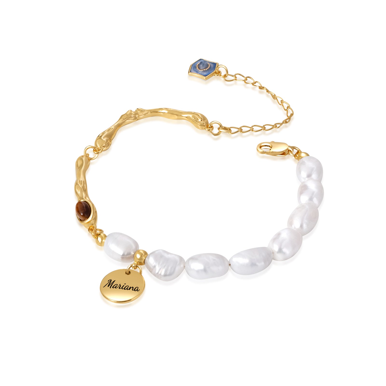 Personalized Name Disc Charm Bracelet - Natural Baroque Pearl Tiger's Eye Bracelet