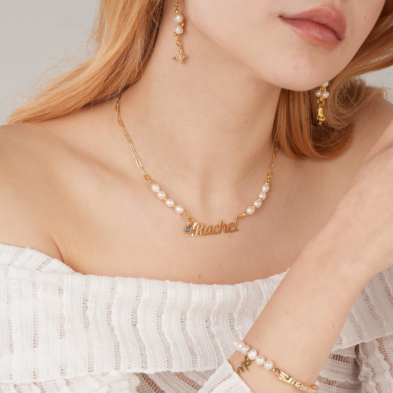 Personalized Name and Birthstone Necklace - 5.5-6mm Natural Freshwater Pearl Necklace