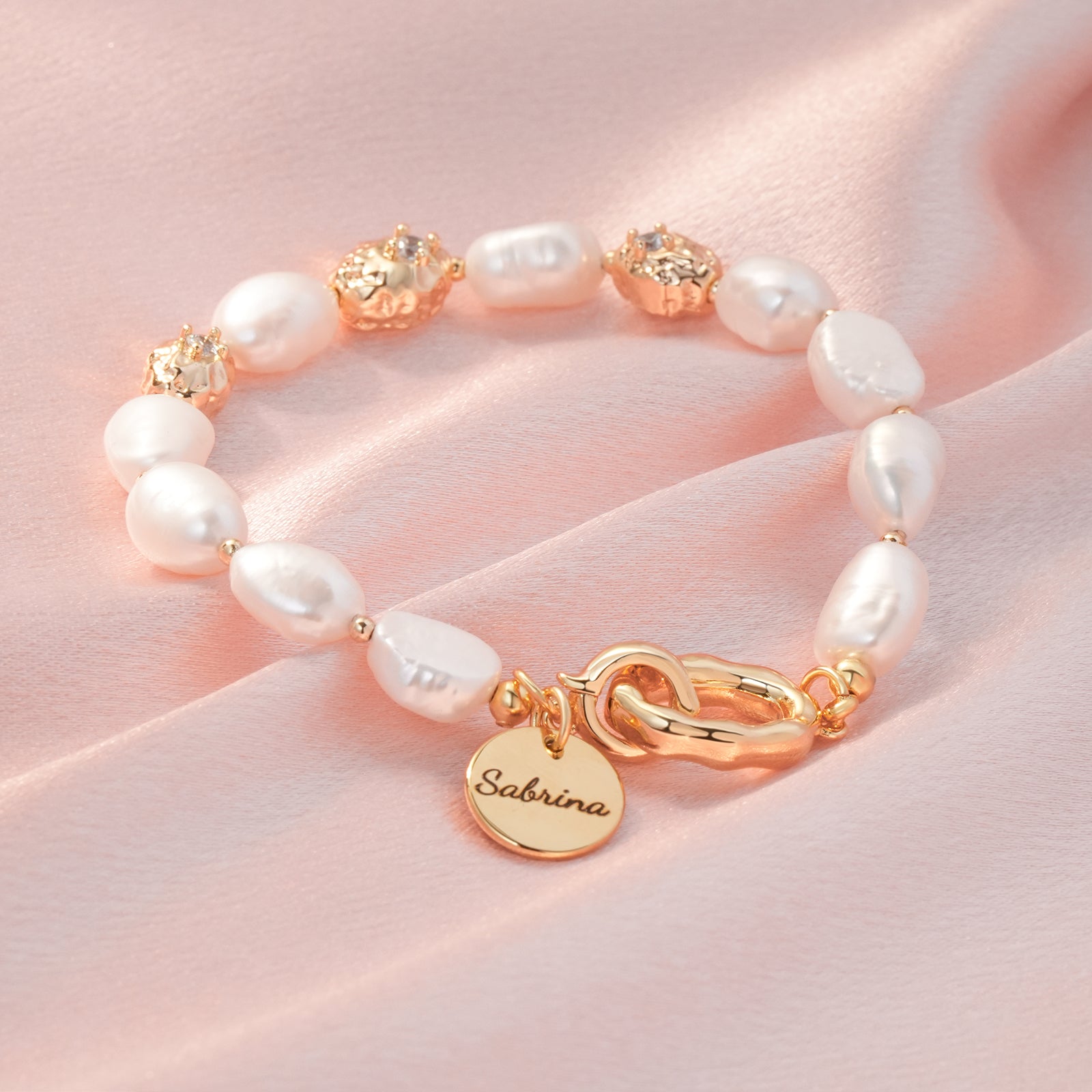 Personalized Name Freshwater Baroque Pearl Gold Charm Bracelet